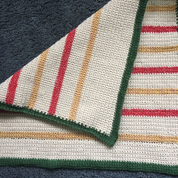 Hand Crocheted Square Cream Yellow Red Green Striped Mat Rug - Picture 9 of 16